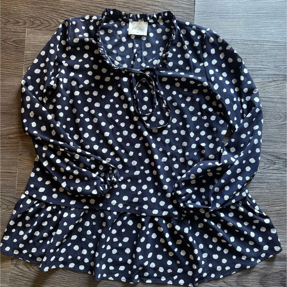 Navy Blue Polka Dot Blouse Sleeve Women's Size Medium Ella Mara